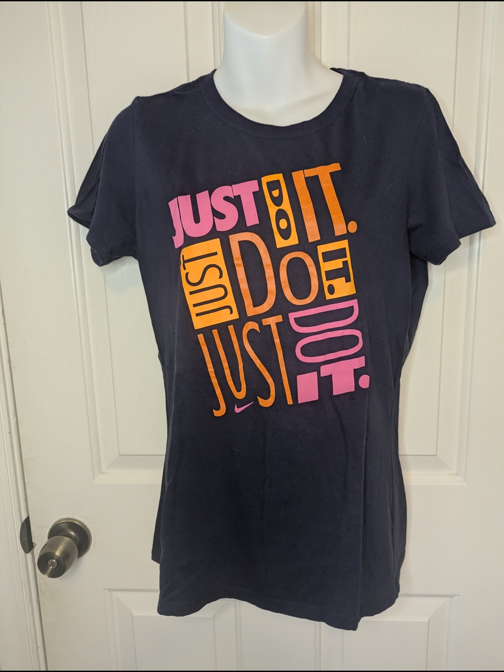 Nike Just Do It T Shirt Womens Large Navy Blue Graphic Slim Fit Tee Cotton